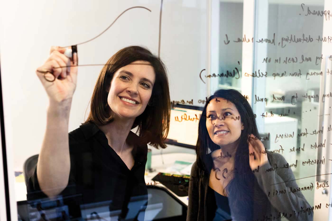 Woman writing on whiteboard mentoring a colleague.