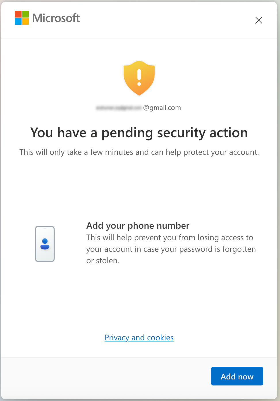 Pending security action to add a recovery method
