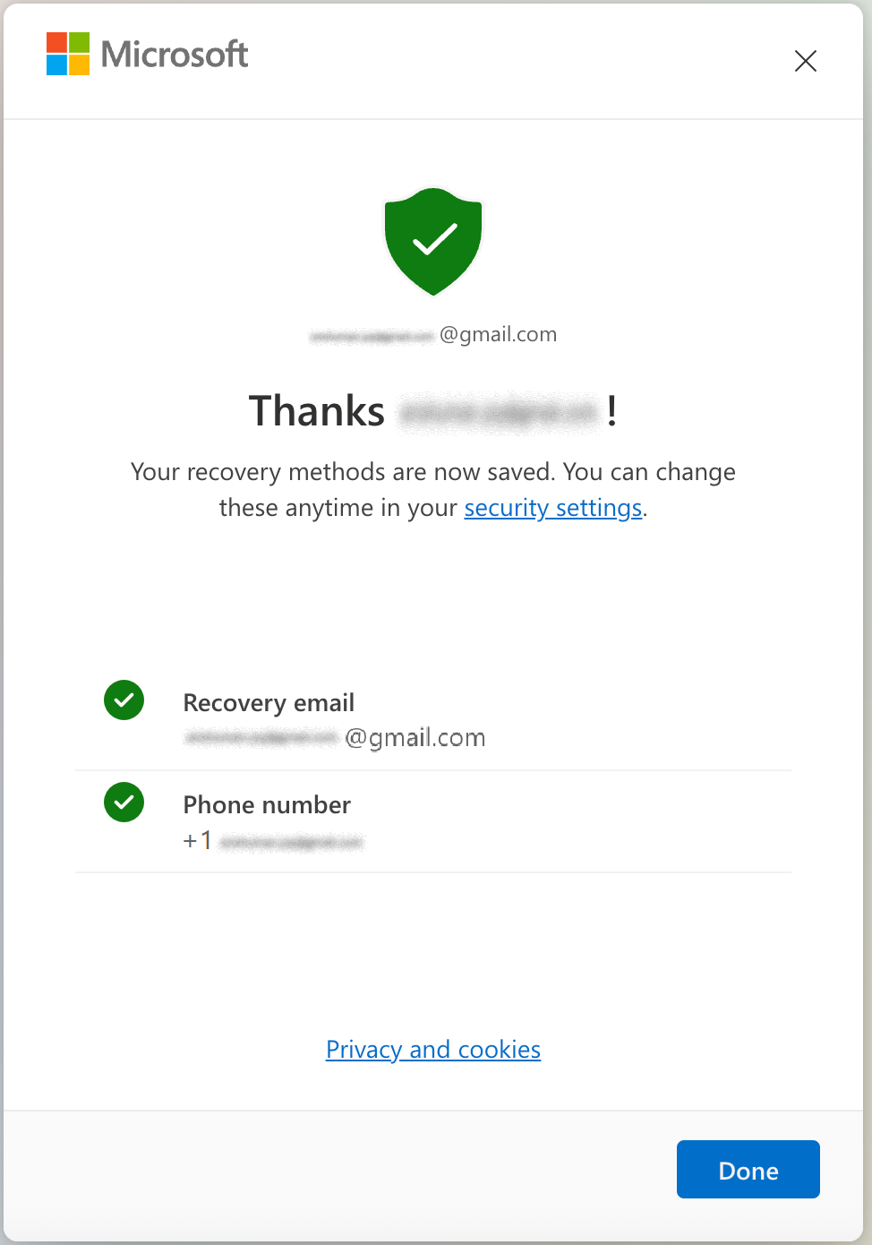 Successfully added phone number as a recovery method