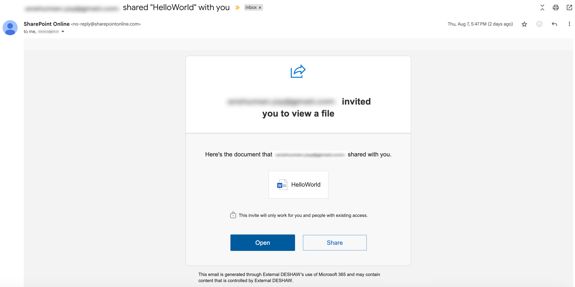 Email invitation with a button to open the shared file